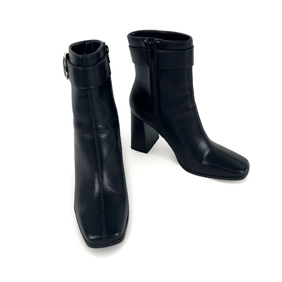 Black Ankle Boots Womens SZ 9 Zip Buckle Block Heels Faux Leather Classy NEW - Picture 3 of 16